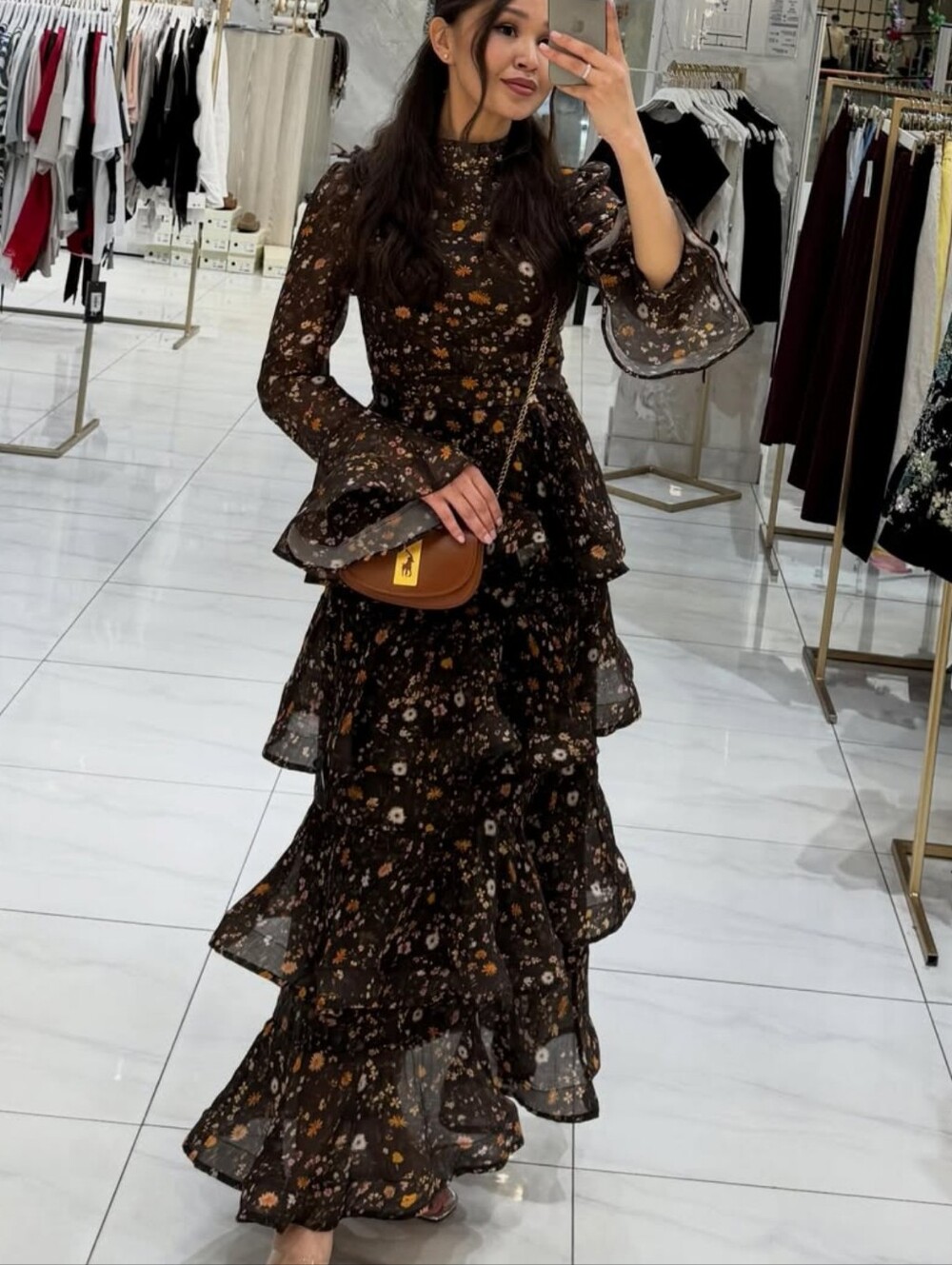 Casual Printed Long Bow Dress Women Chic V-Neck Short Puff Sleeve Waist-Closed - Picture 2 of 13